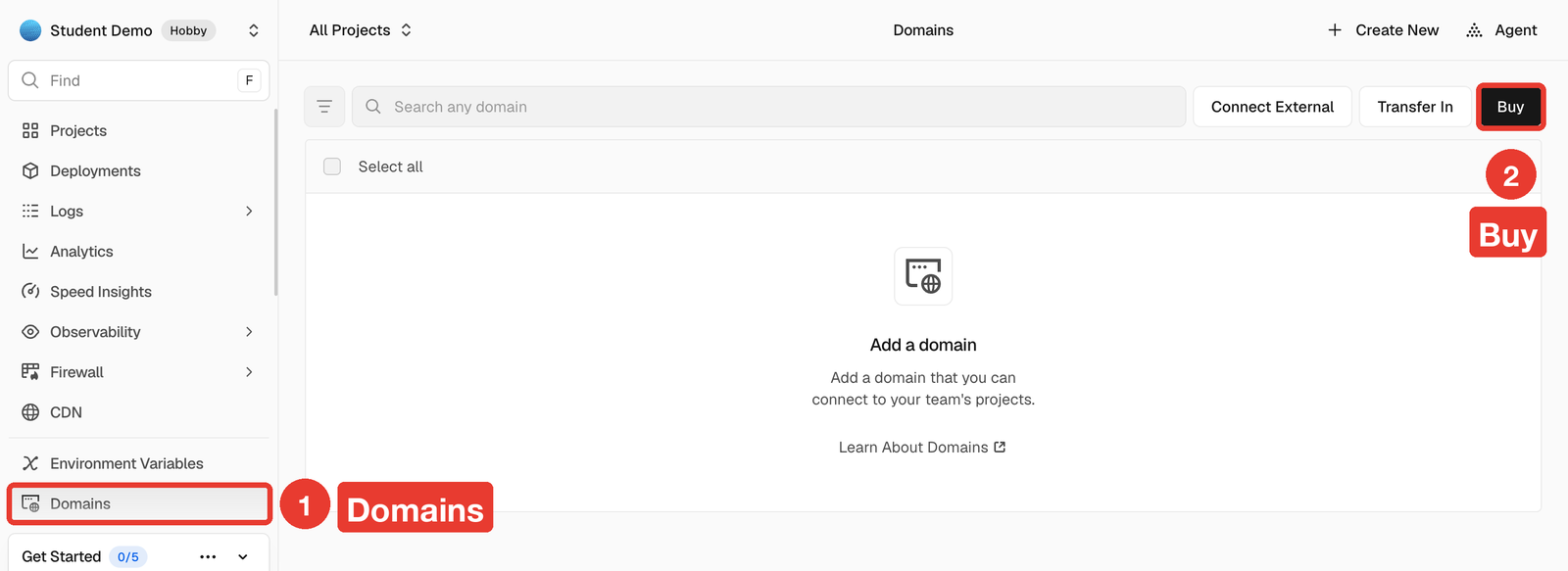 Vercel dashboard with Domains in the sidebar and the Buy button highlighted