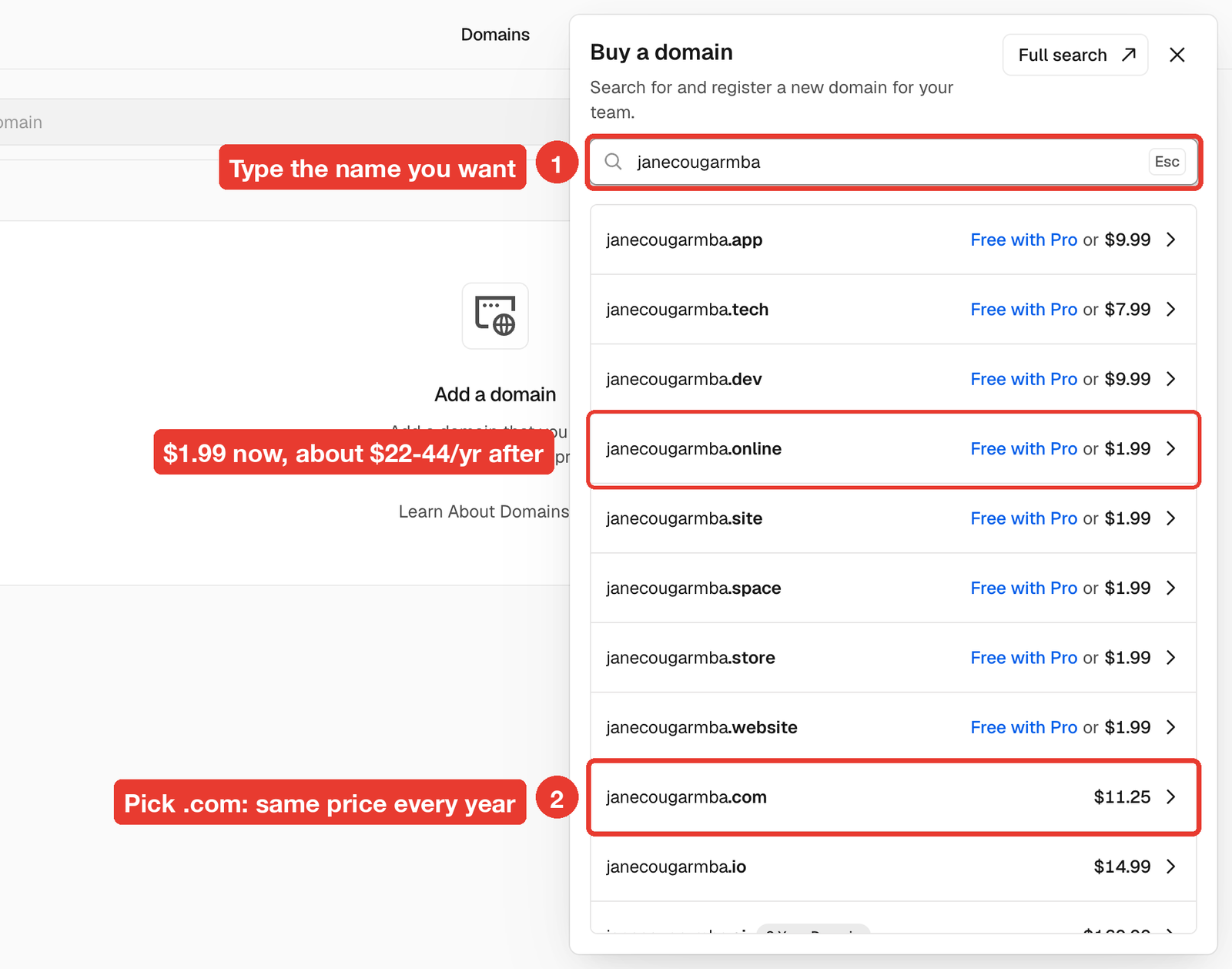 Domain search results with the search box, a $1.99 ending and the .com row highlighted