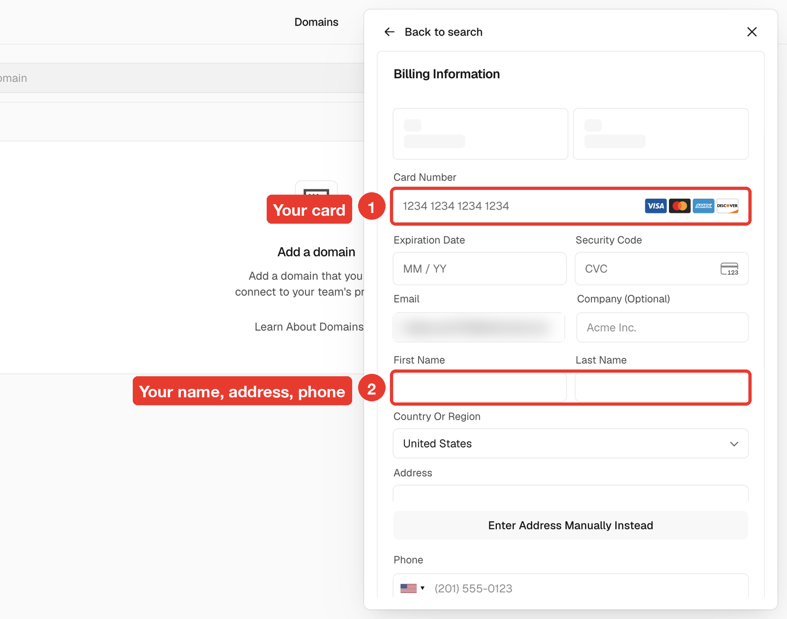 Billing form with the card number and name fields highlighted