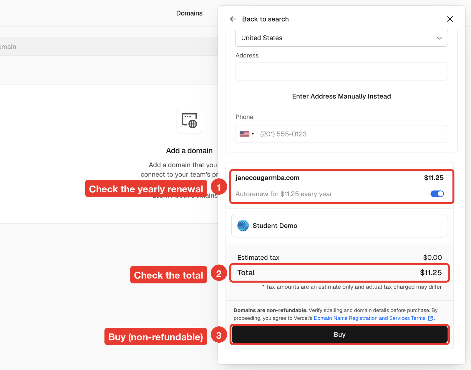 Order summary with the renewal line, total and Buy button highlighted