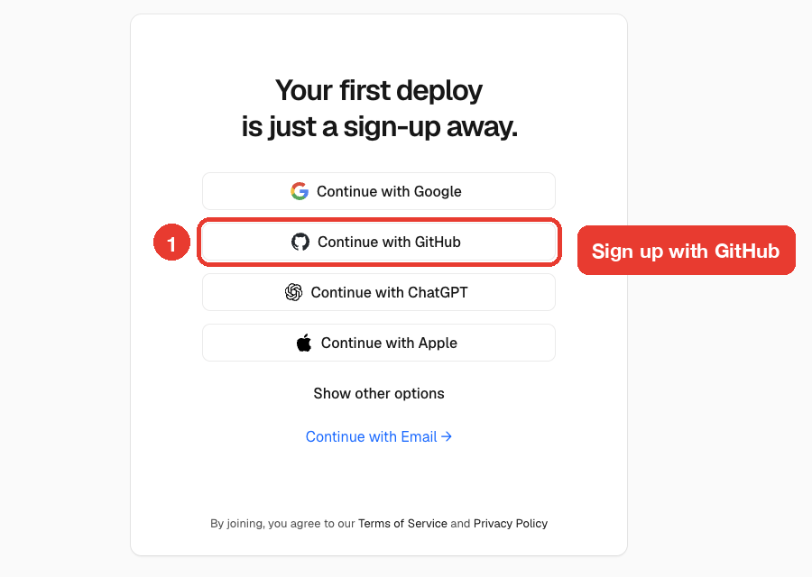 Vercel sign-up page with Continue with GitHub highlighted