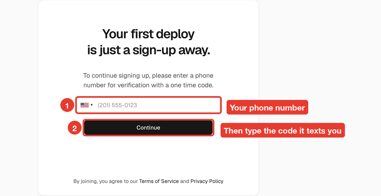 Phone verification screen with the phone field and Continue highlighted