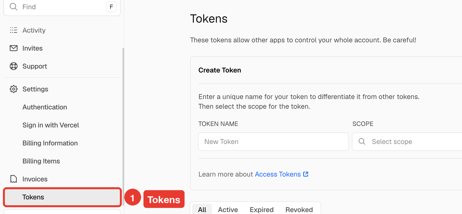 Account settings sidebar with Tokens highlighted