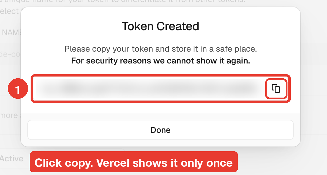 Token Created dialog with the token blurred and the copy icon highlighted